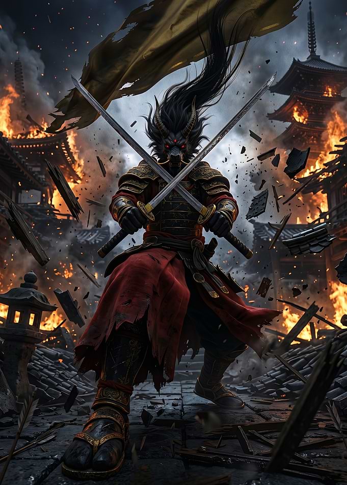 Dragon Samurai in Burning Village