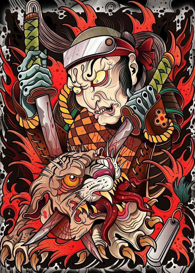 Samurai Fighting Tiger with Swords