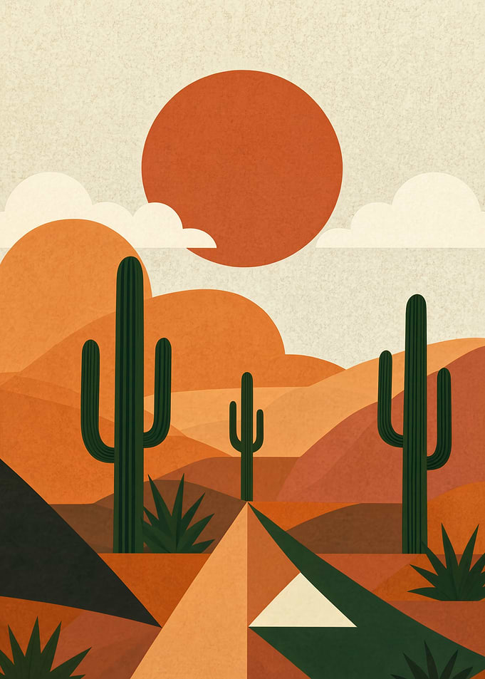 Desert Landscape with Cacti and Sun