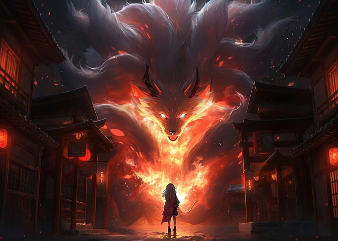 Giant Fire Fox Spirit and Girl