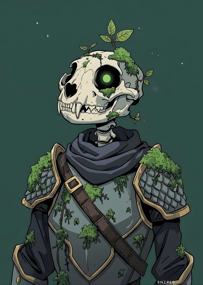 Skeleton Warrior with Green Eyes and Plants