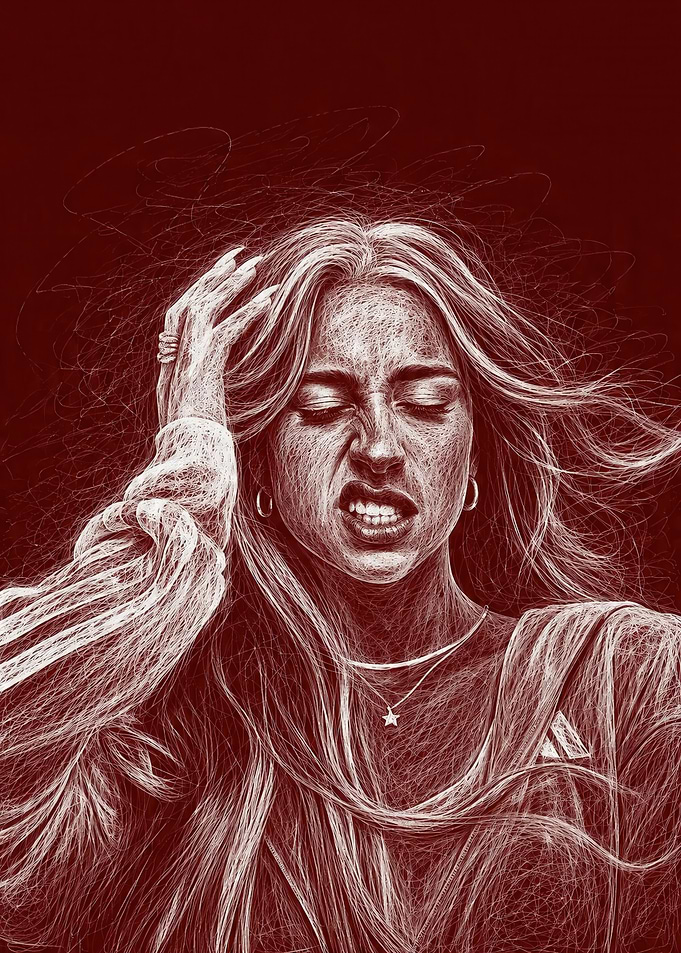 Woman in distress with hand on head
