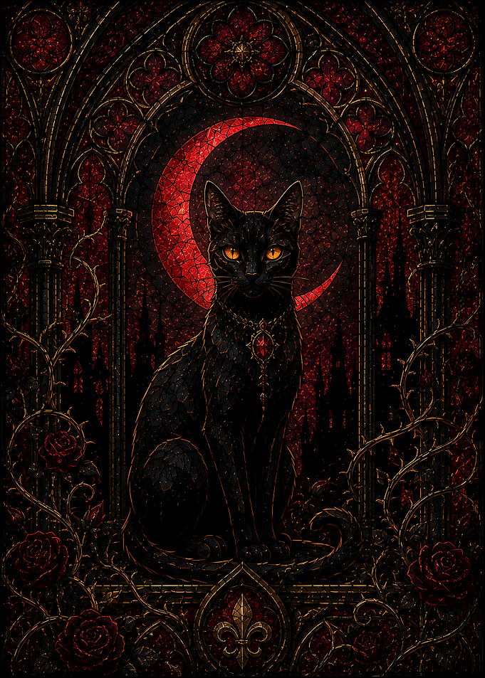 Gothic Black Cat with Red Moon