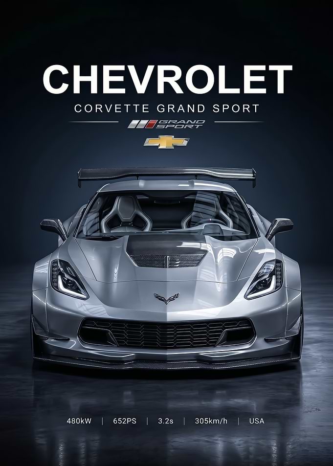 sleek silver Chevrolet Corvette Grand Sport car poster