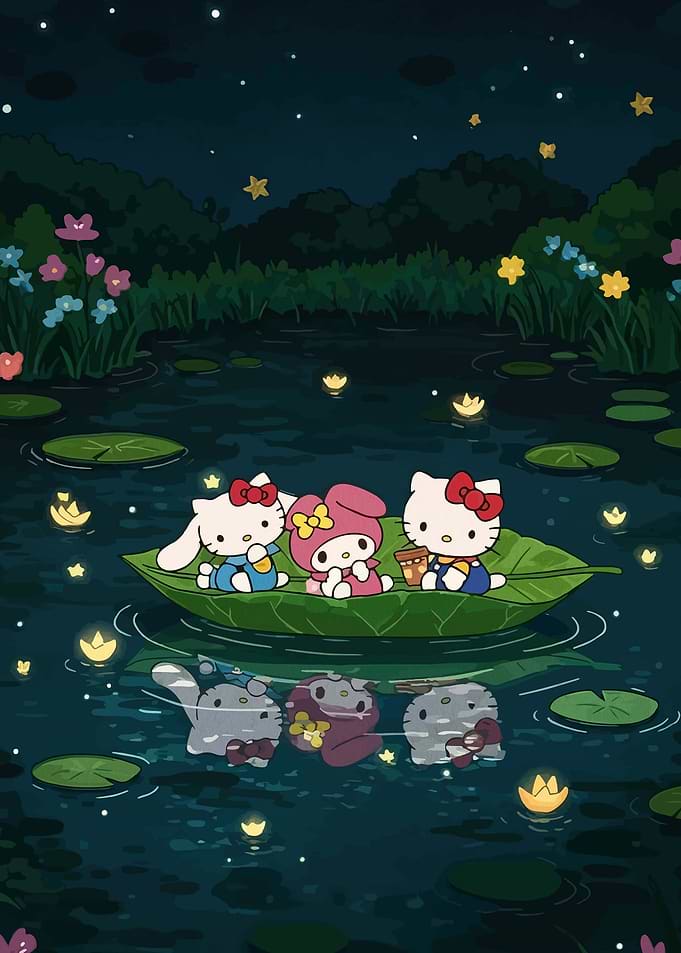 Hello Kitty and Friends on a Leaf Boat