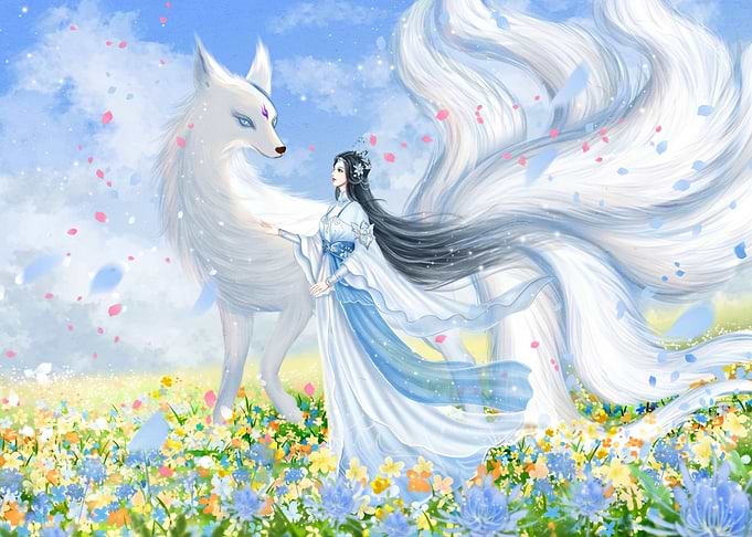 Fantasy Fox Spirit and Woman in Flower Field