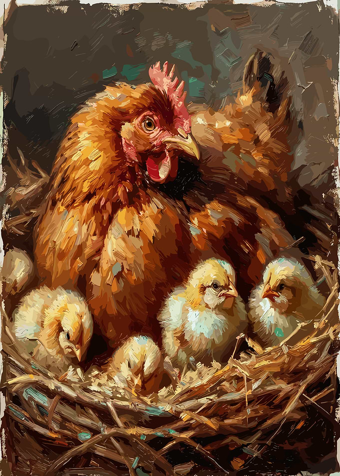 Mother Hen and Chicks in Nest