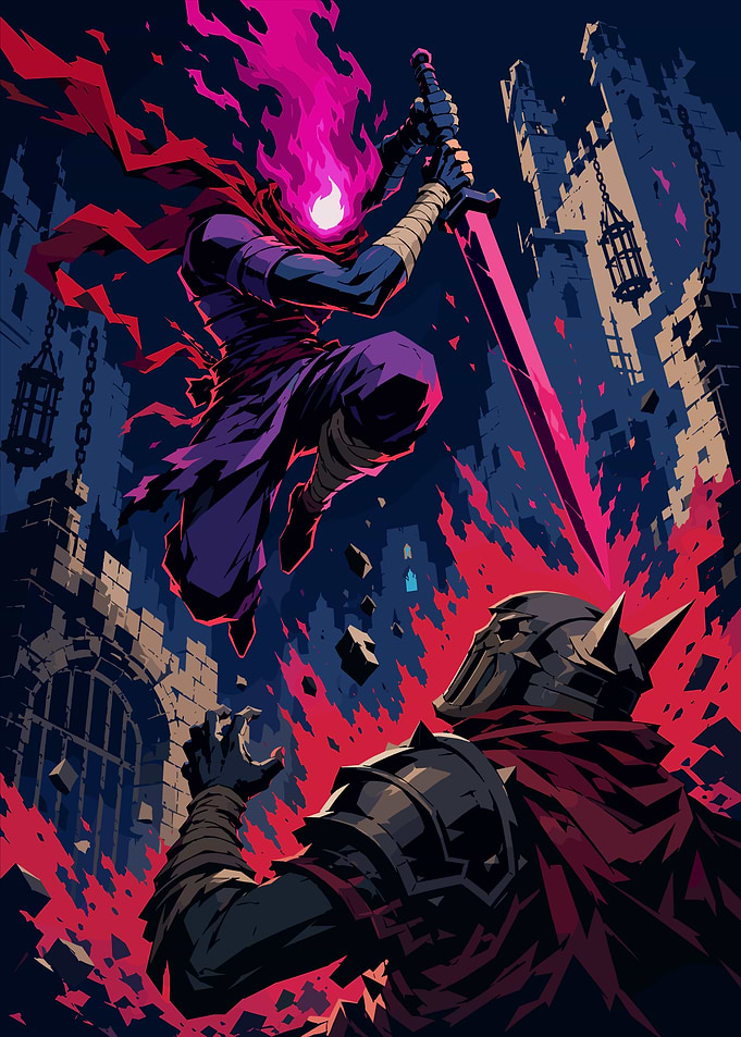 Pixel Art of a Fiery Warrior Fighting a Knight