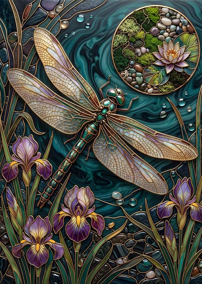 Dragonfly and Irises Stained Glass Art