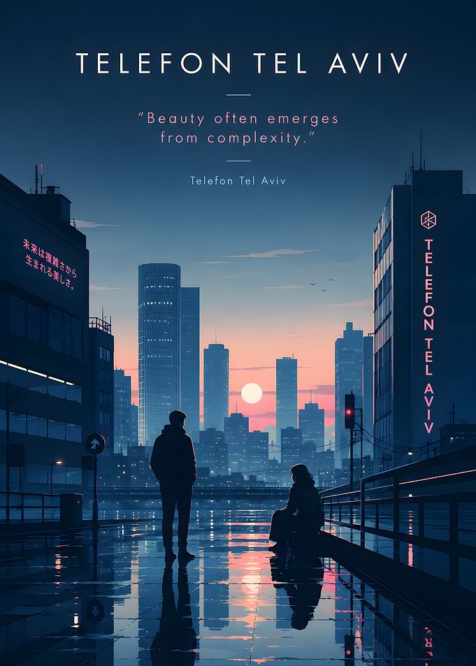 Neon Cityscape with Silhouetted Figures