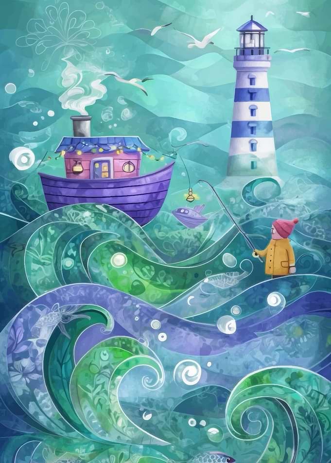 Whimsical Lighthouse and Fishing Boat Scene