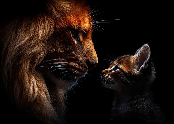 Lion and Kitten Facing Each Other
