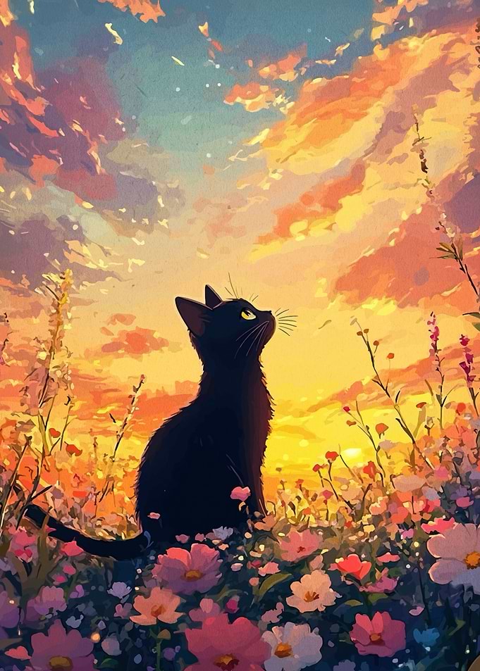 Black Cat in a Flower Field at Sunset