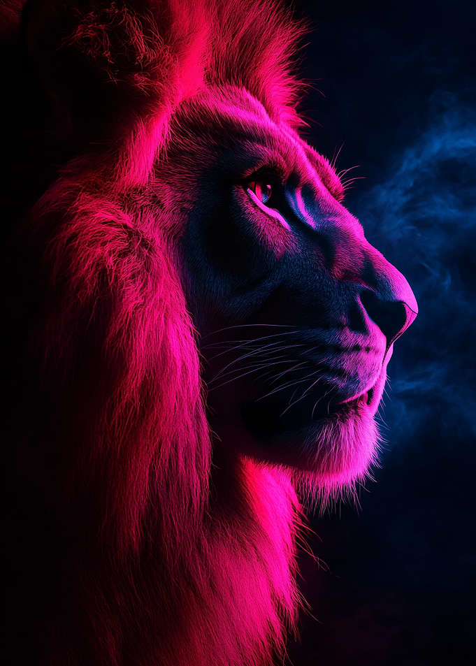 Lion illuminated by neon lights