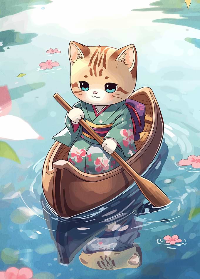 Cute Cat in a Kimono Rowing a Boat