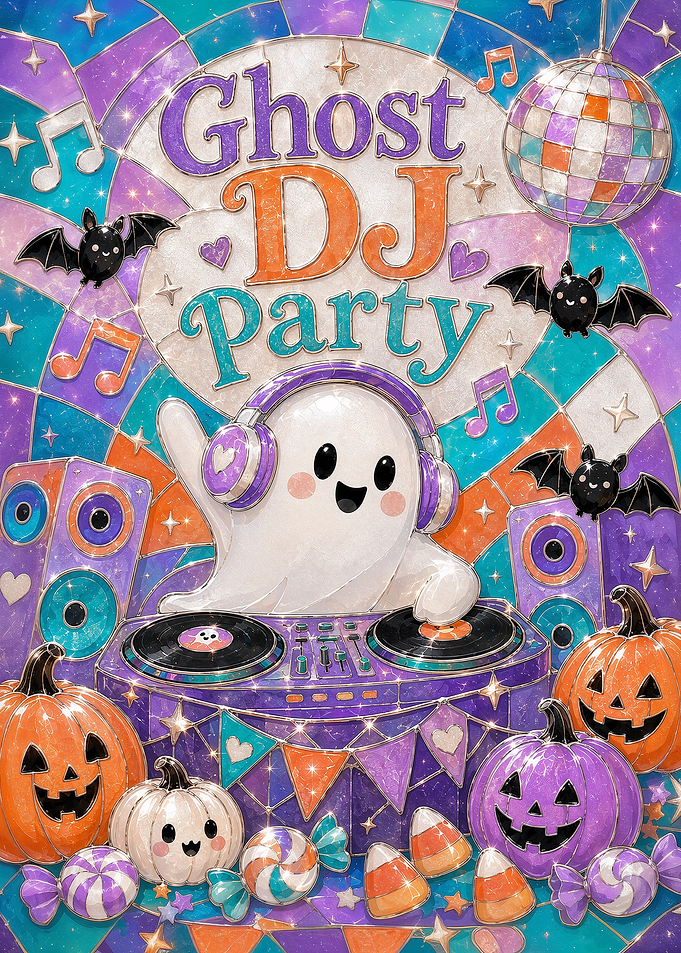 Stained Glass Cute Ghost DJ Party