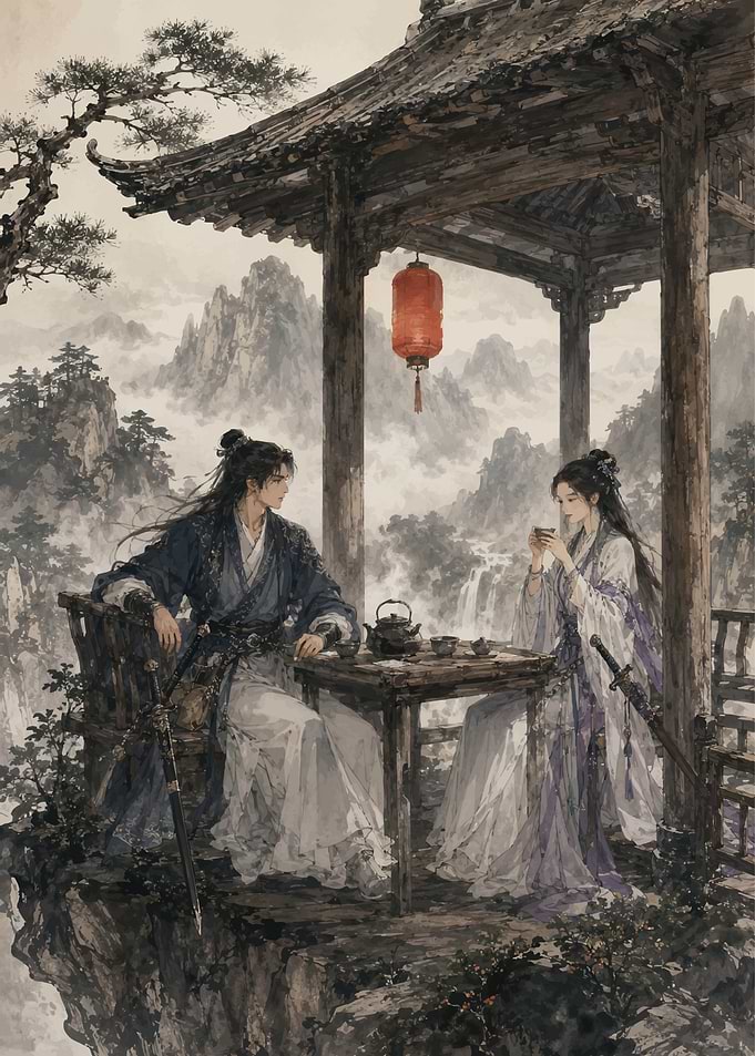 Couple Enjoying Tea in a Mountain Pavilion