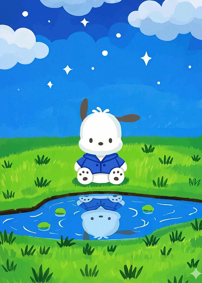 Pochacco by a Pond Under Stars