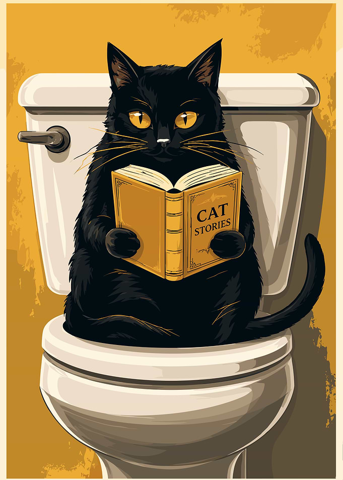 Black Cat Reading on Toilet
