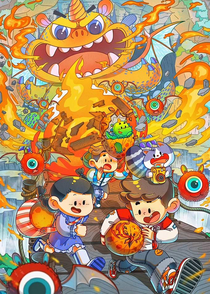 Children Encountering a Fiery Dragon
