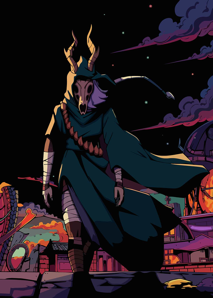 Mysterious figure with skull mask at night