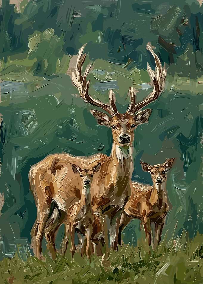 Deer Family in Forest Painting