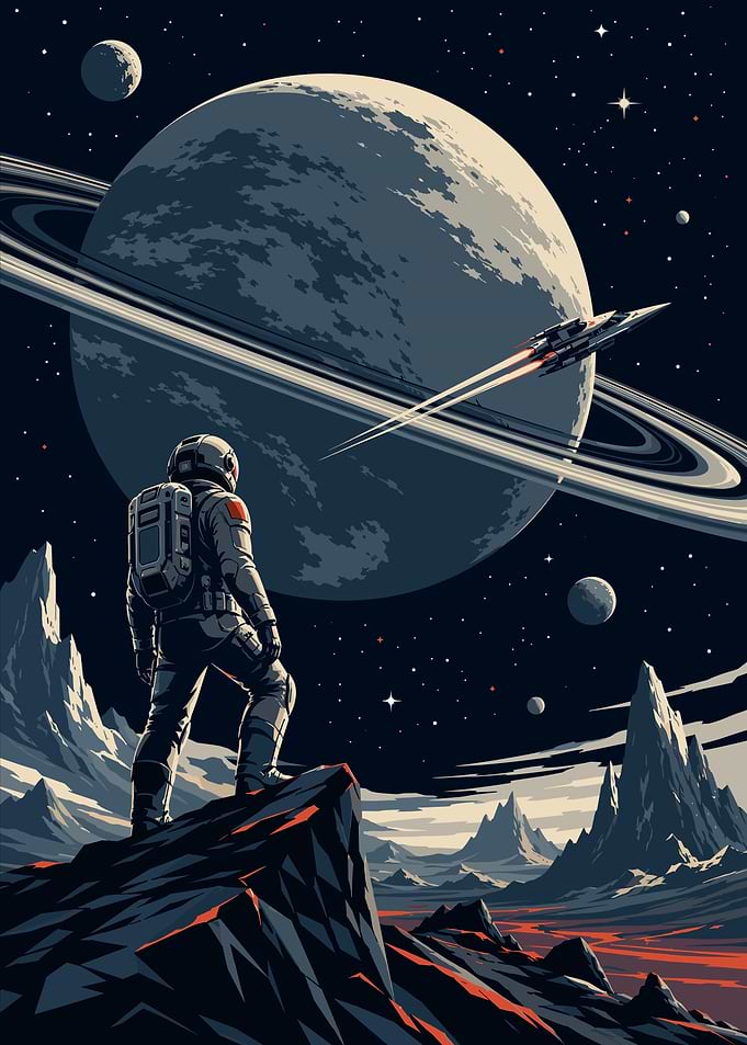 Astronaut on alien planet watching Saturn-like planet