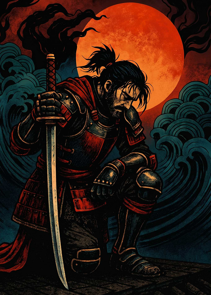 Samurai Kneeling Before a Red Moon
