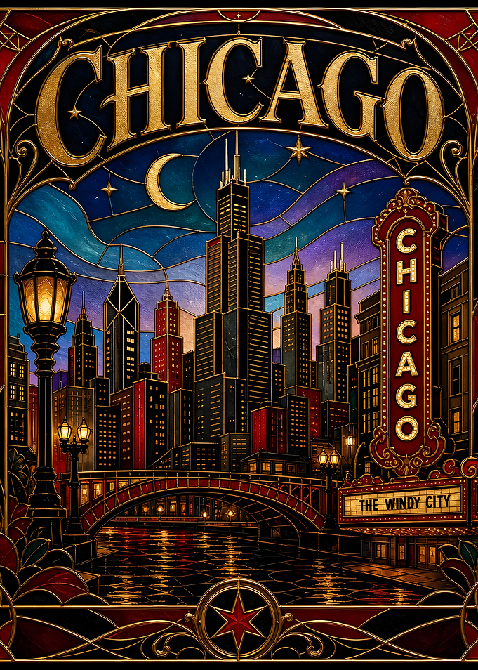 Chicago Skyline Art Deco Stained Glass