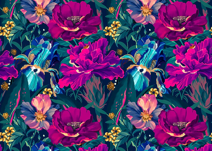 Vibrant Floral Roses Irises botanical Pattern