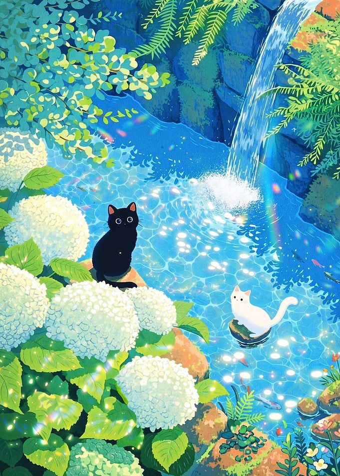 Cats by a Waterfall