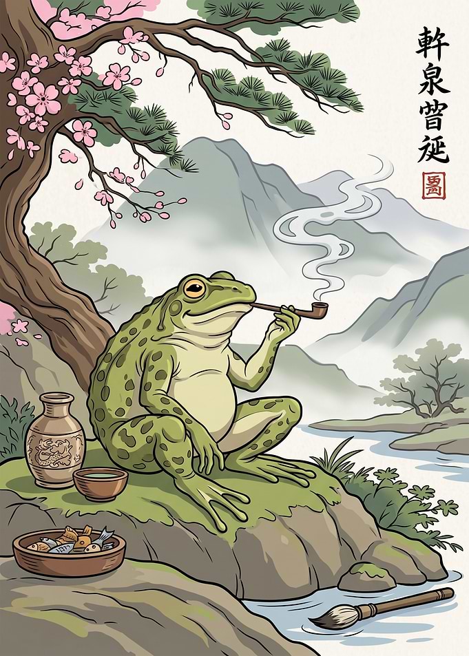 Frog smoking pipe in nature cherry blossom japan wall art