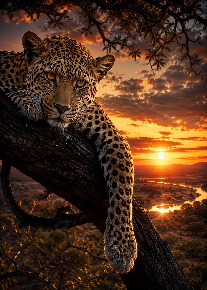 Leopard resting on a tree at sunset