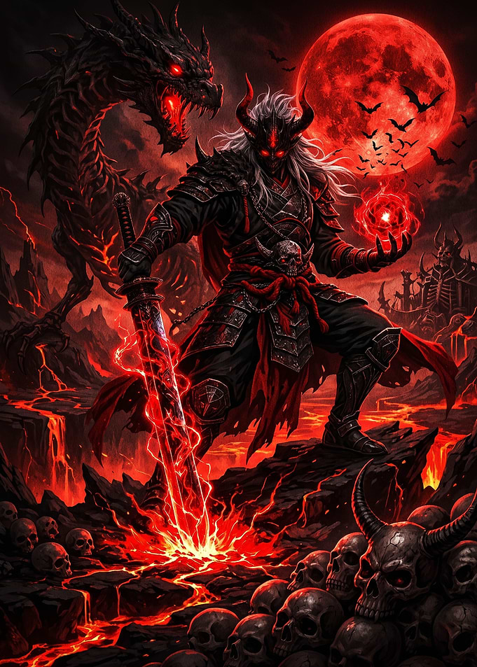 Demonic Warrior with Dragon and Red Moon
