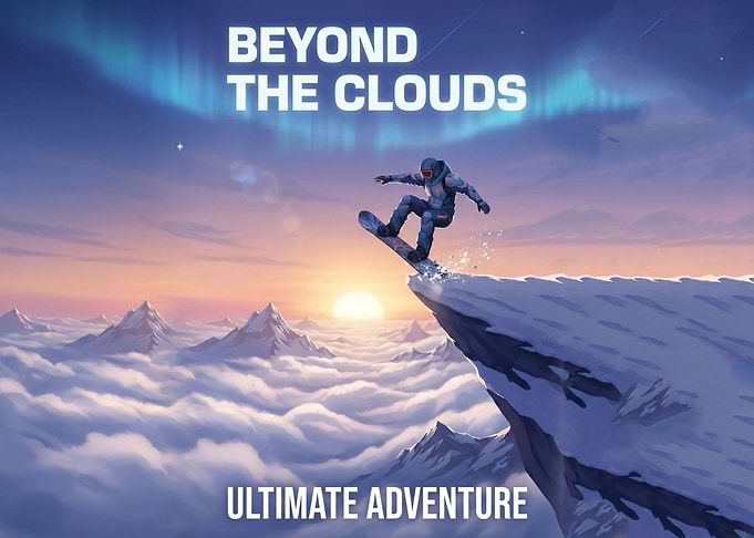 Snowboarder jumping over clouds