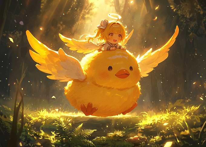 Cute Angel Riding a Flying Chick