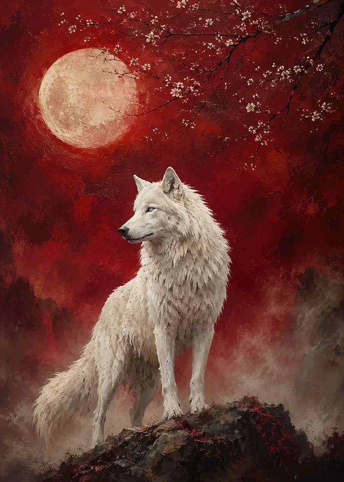 White Wolf Under a Red Moon