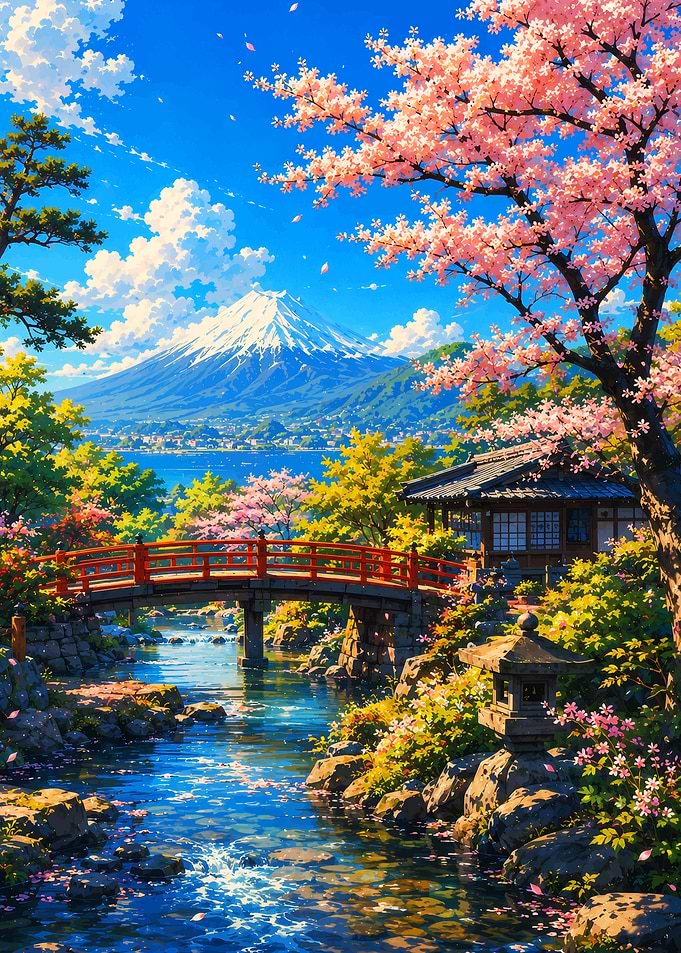 Mount Fuji with Cherry Blossoms and Bridge