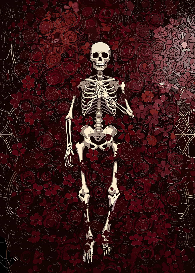 Skeleton surrounded by red roses
