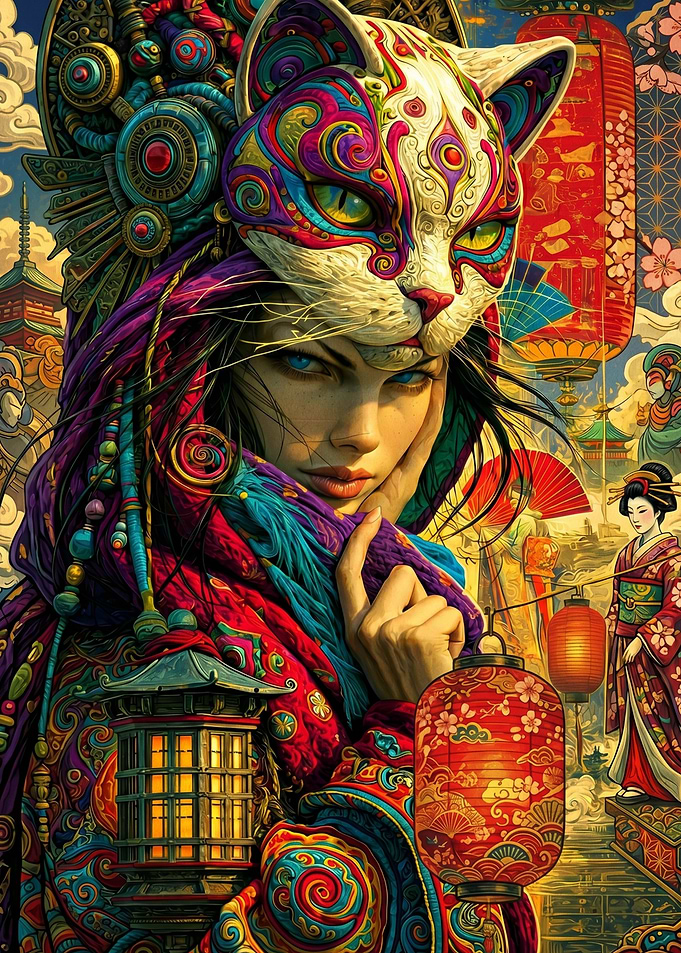 Woman in Cat Mask with Japanese Elements