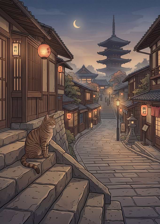 Cat on Steps in Japanese Town