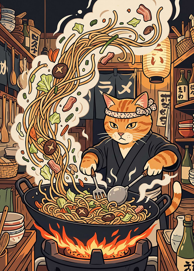Cat Chef Cooking Noodles