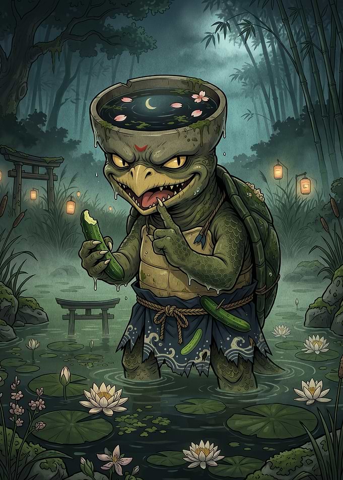 Kappa with Cucumber in Misty Swamp