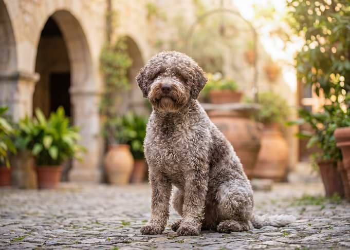 Lagotto Romagnolo dog in courtyard