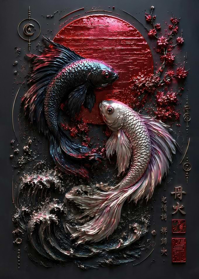 Yin Yang Koi Fish with Cherry Blossoms