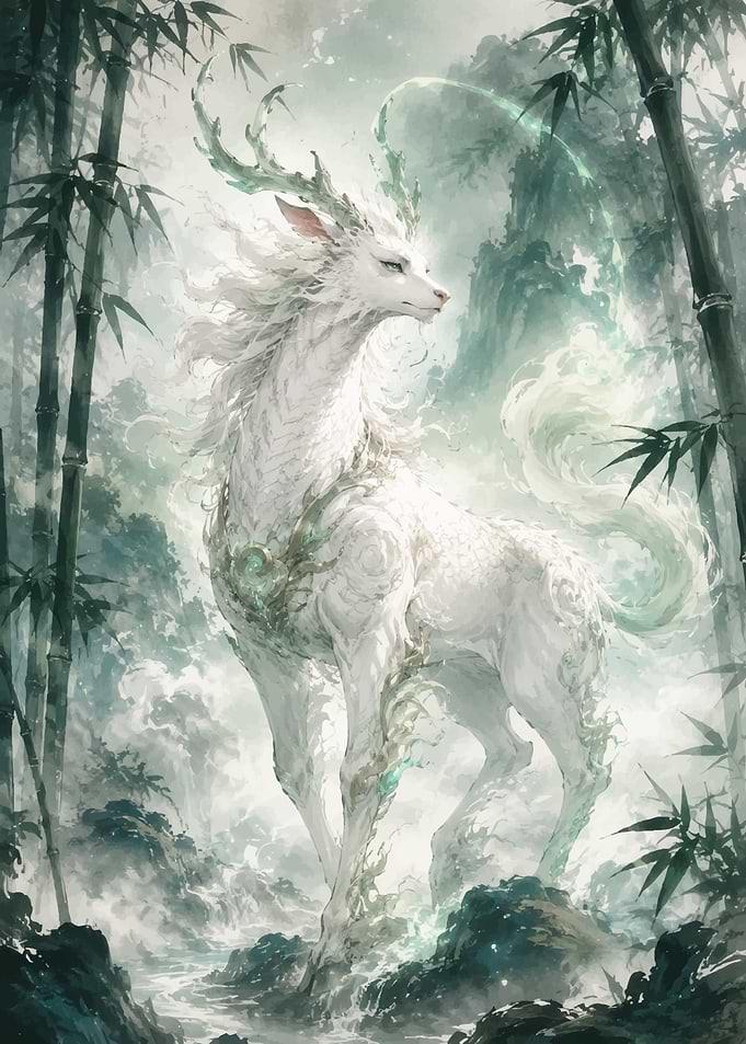 Mythical White Deer in Bamboo Forest