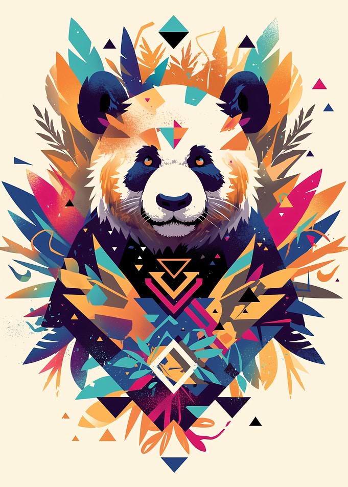 Geometric Panda with Colorful Feathers