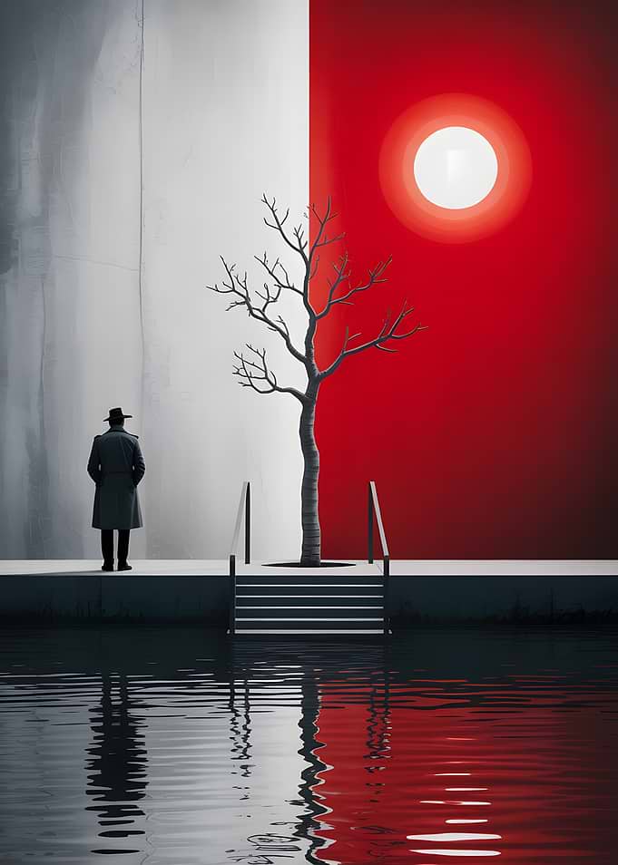 Man by Red and White Wall with Tree