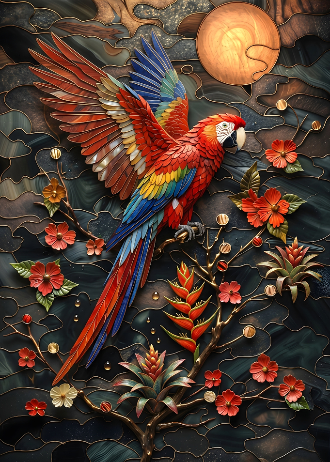 Parrot with Flowers Stained Glass