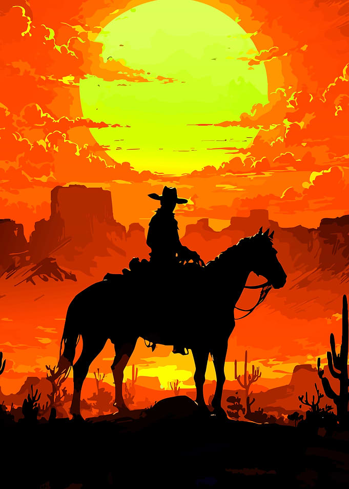 Cowboy on Horse at Sunset